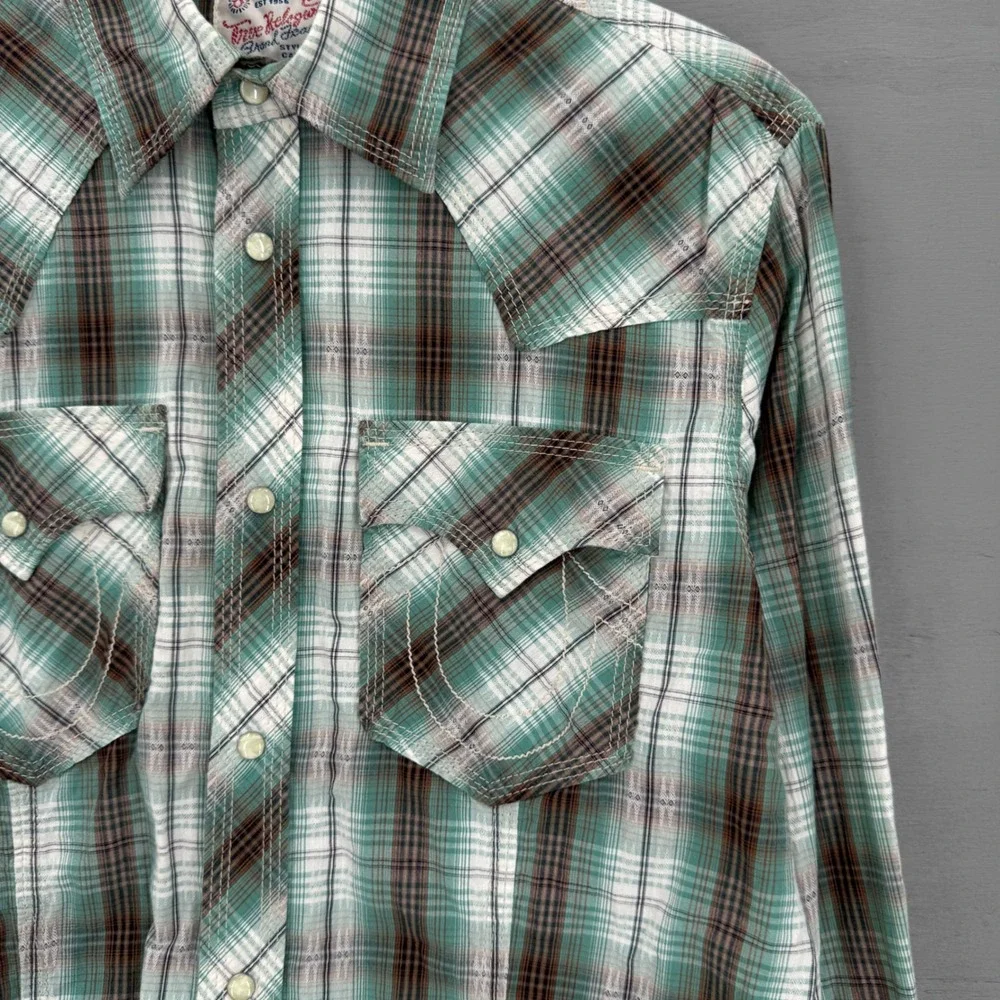 True Religion Western Pearl Snap Shirt Green Brown Plaid Long Sleeve Medium